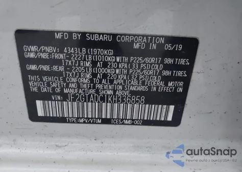 2019 Subaru Crosstrek 2.0I Premium из США, поврежденный, VIN JF2GTADC1KH336858